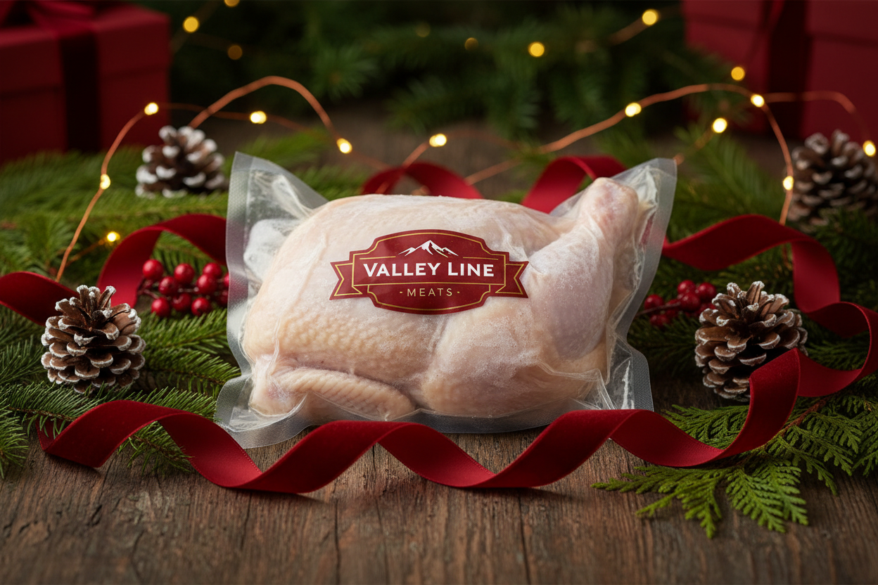 Christmas advertising for a half of a chicken frozen in packaging for Valley Line Meats