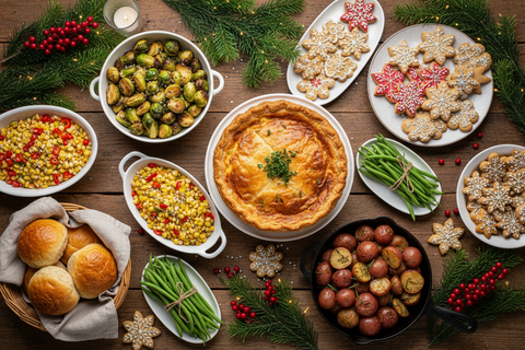 I need a marketing image displaying a Christmas feast. Needs to include quiche, brussel sprounts bi colored Corn off the cob, red potatoes green beans, buns and christmas cookies