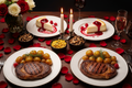 Ribeye Steak, Corn, yukon gold potatoes, 2 slices of plain cheese cake, raspberry compost, sliced mushrooms. display as a meal for two valentines day 