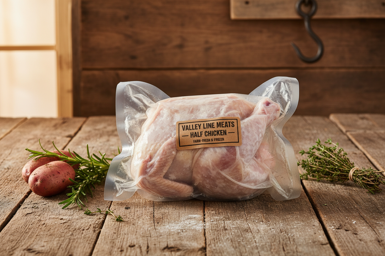  Valley Line Meats 1/2 chicken frozen in packaging with a rustic background